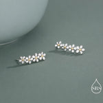 Forget-me-not Flower Crawler Earrings in Sterling Silver, Two Tone Finish, Daisy Chain, Flower Earrings, Ear Climbers