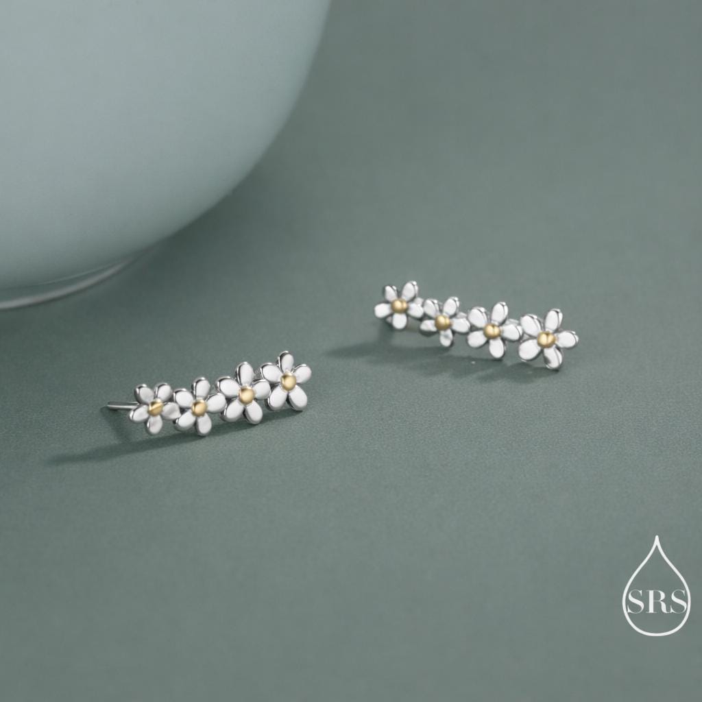 Forget-me-not Flower Crawler Earrings in Sterling Silver, Two Tone Finish, Daisy Chain, Flower Earrings, Ear Climbers