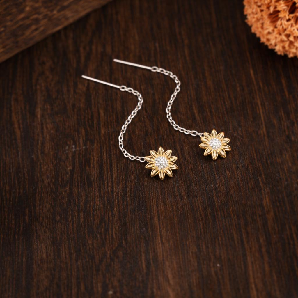 Sunflower Threader Earrings in Sterling Silver, Sunflower with Dangle Chain Earrings, SunFlower Pull Through Chain Earrings