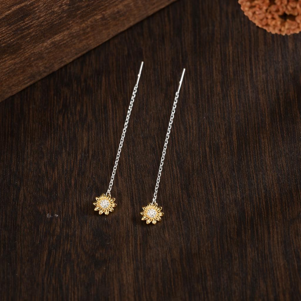 Sunflower Threader Earrings in Sterling Silver, Sunflower with Dangle Chain Earrings, SunFlower Pull Through Chain Earrings