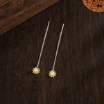 Sunflower Threader Earrings in Sterling Silver, Sunflower with Dangle Chain Earrings, SunFlower Pull Through Chain Earrings