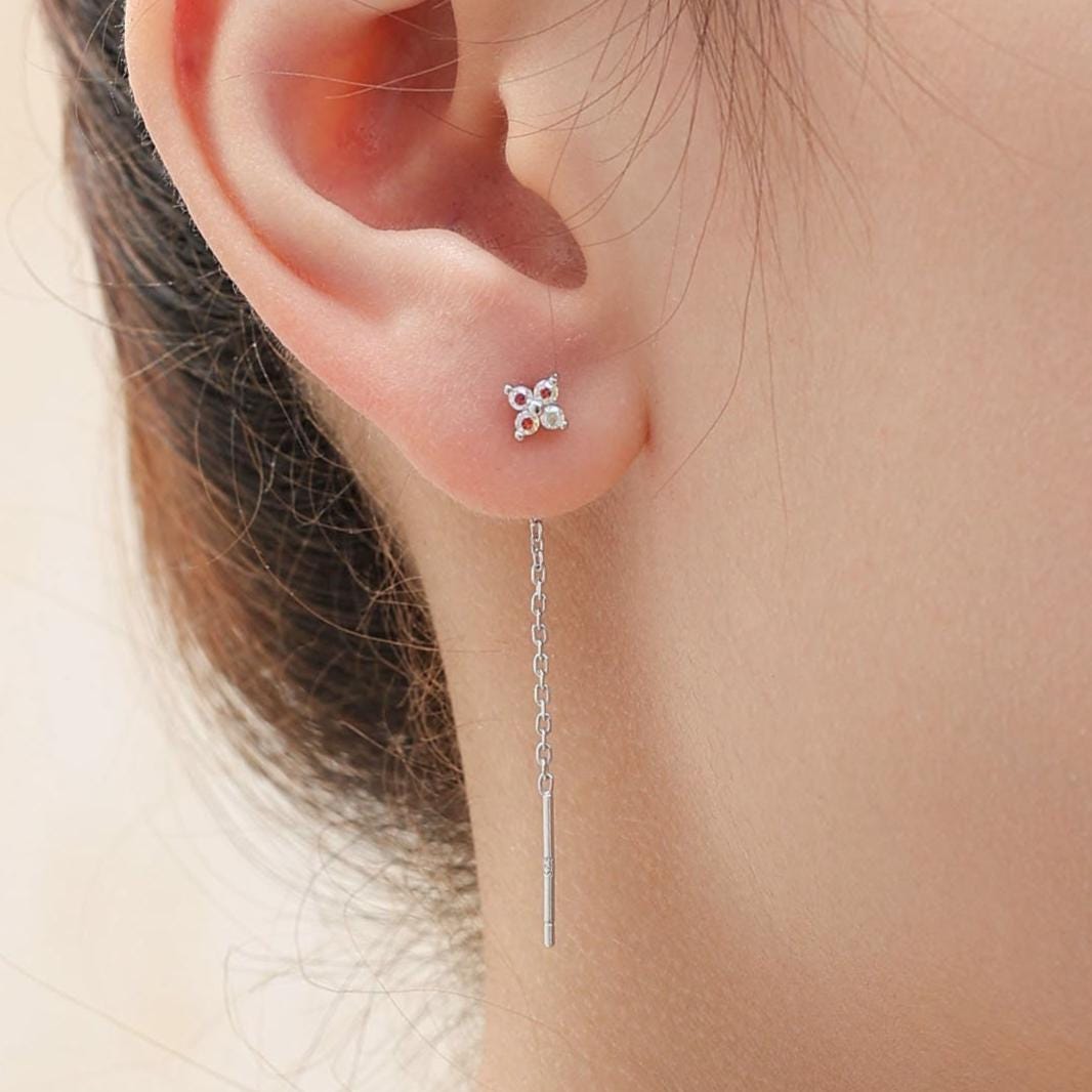 Aurora Borealis Four CZ Flower Threader Earrings in Sterling Silver, Hydrangea AB Crystal Ear Threaders, Trefoil Moonstone Earrings