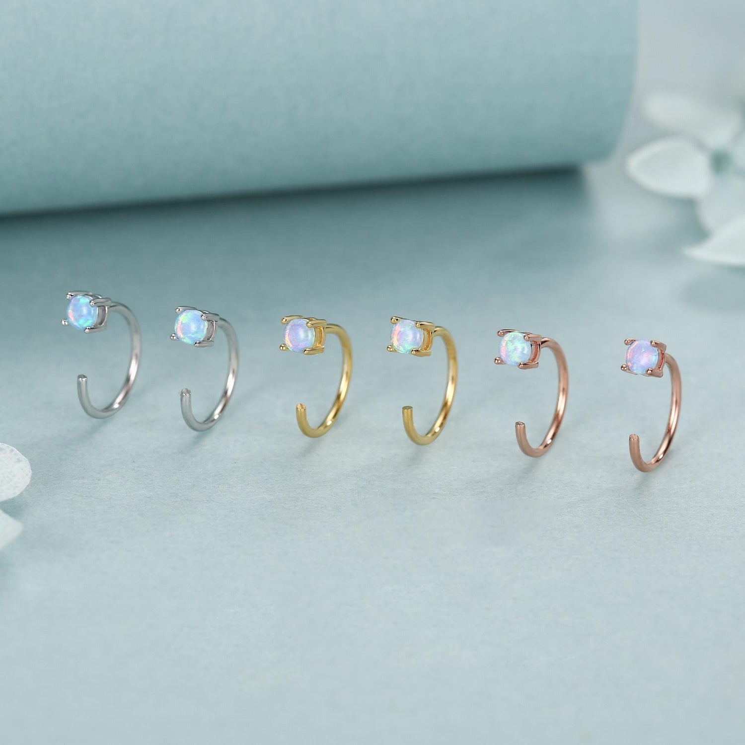 Blue Opal Open Huggie Hoop Earrings in Sterling Silver, Pull Through C Hoops