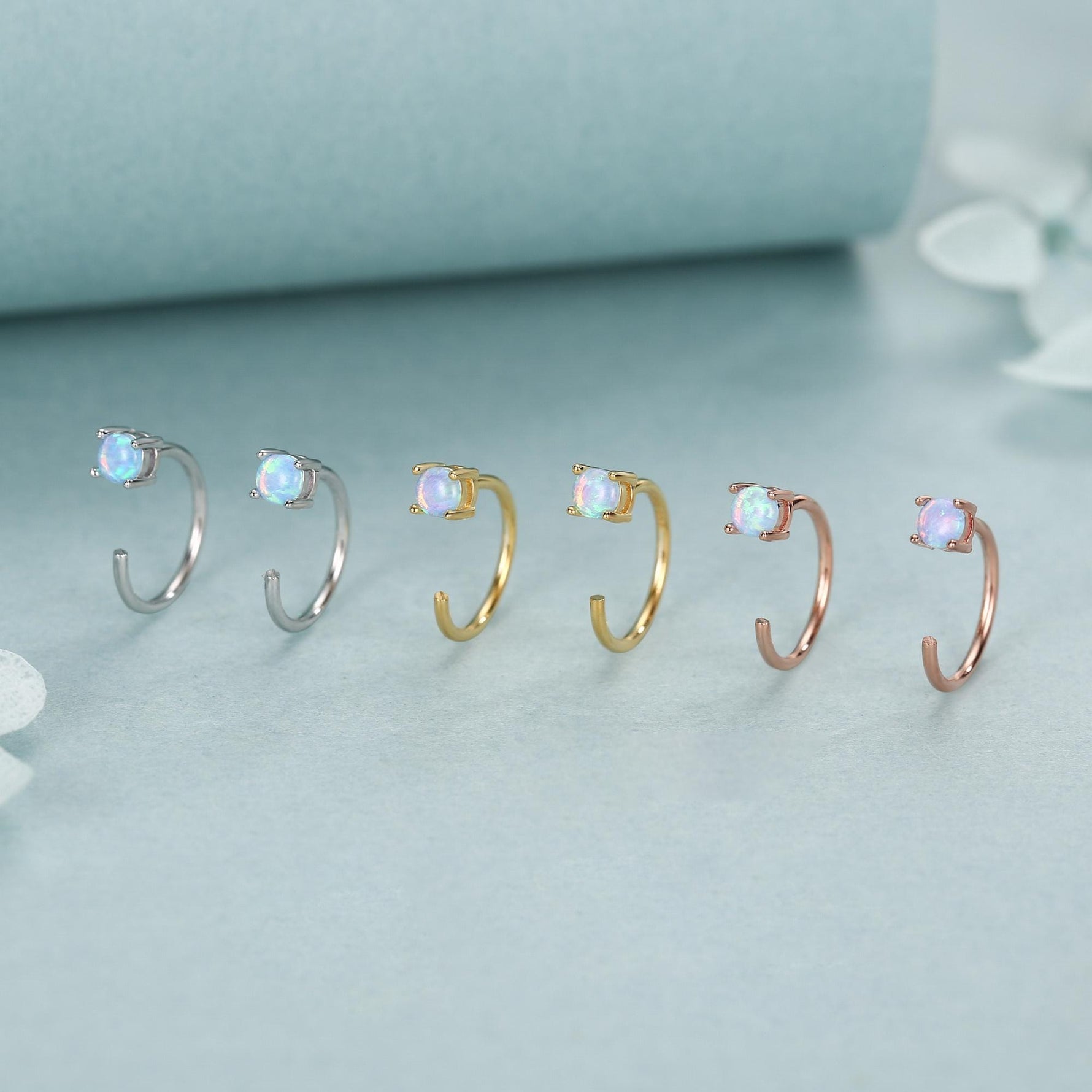 Blue Opal Open Huggie Hoop Earrings in Sterling Silver, Pull Through C Hoops