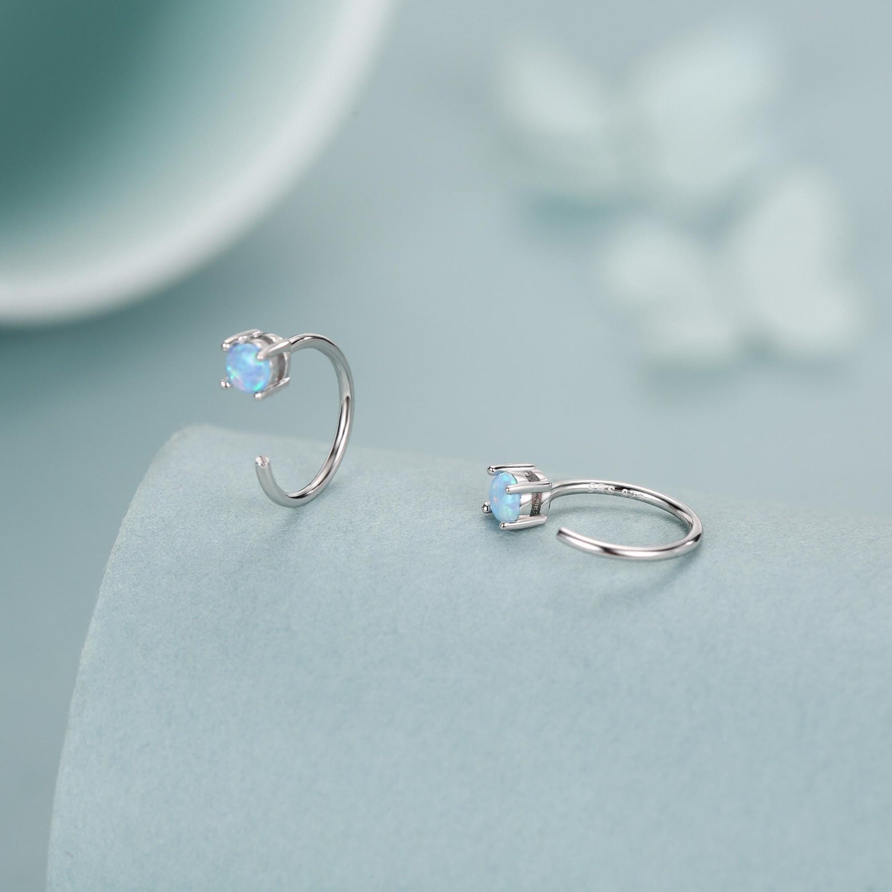 Blue Opal Open Huggie Hoop Earrings in Sterling Silver, Pull Through C Hoops