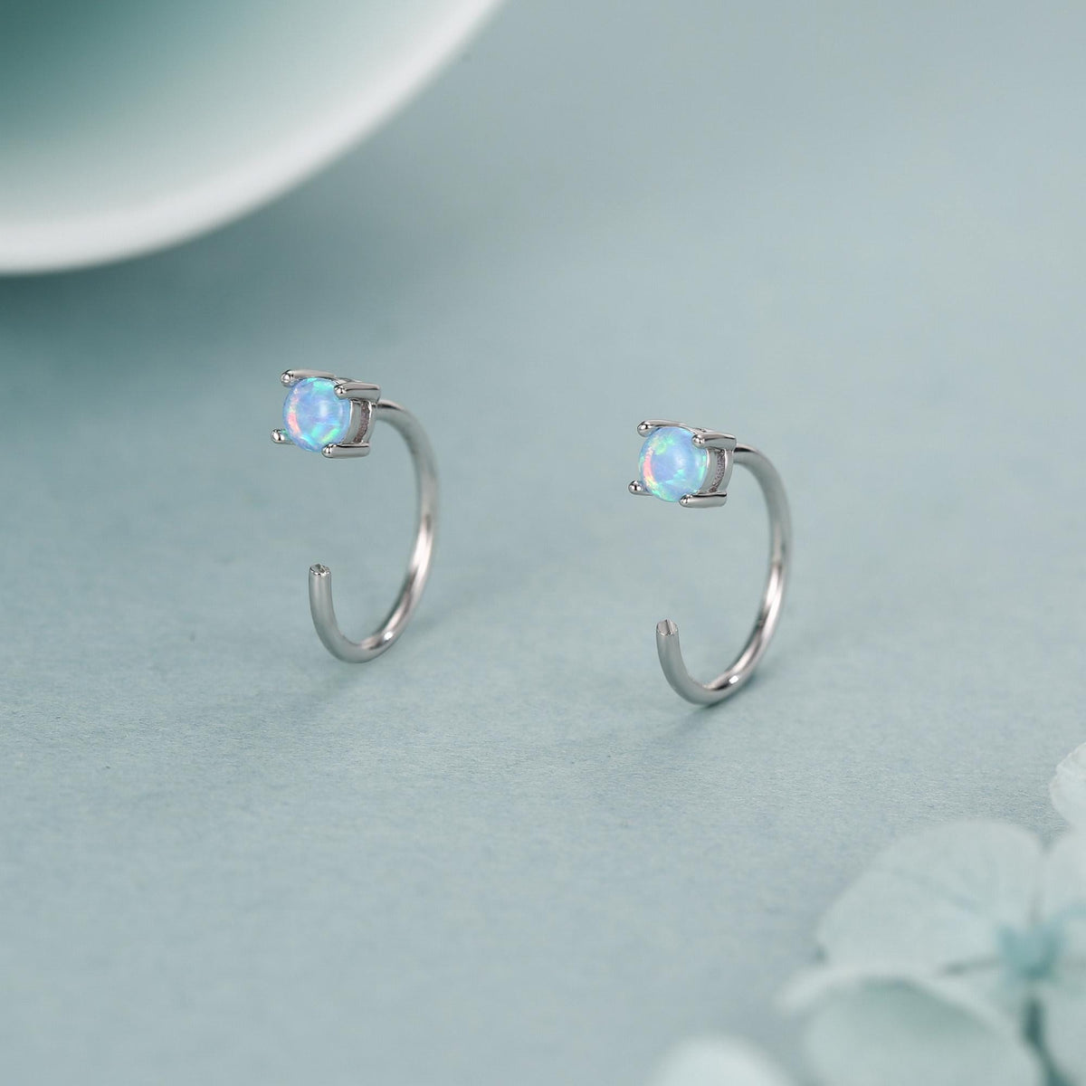 Blue Opal Open Huggie Hoop Earrings in Sterling Silver, Pull Through C Hoops