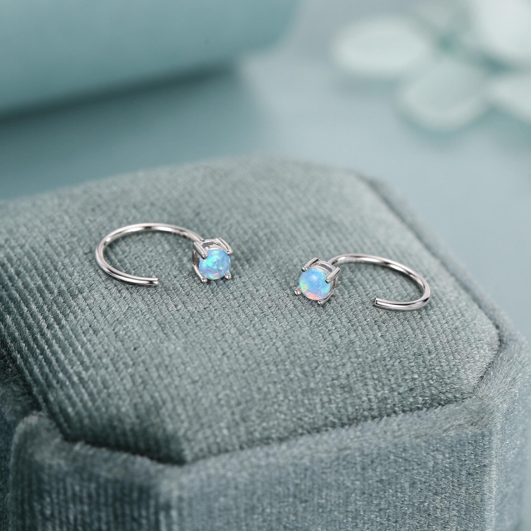 Blue Opal Open Huggie Hoop Earrings in Sterling Silver, Pull Through C Hoops