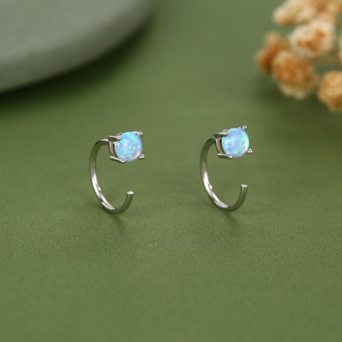 Blue Opal 4mm Open Huggie Hoop Earrings in Sterling Silver, Pull Through C Hoops