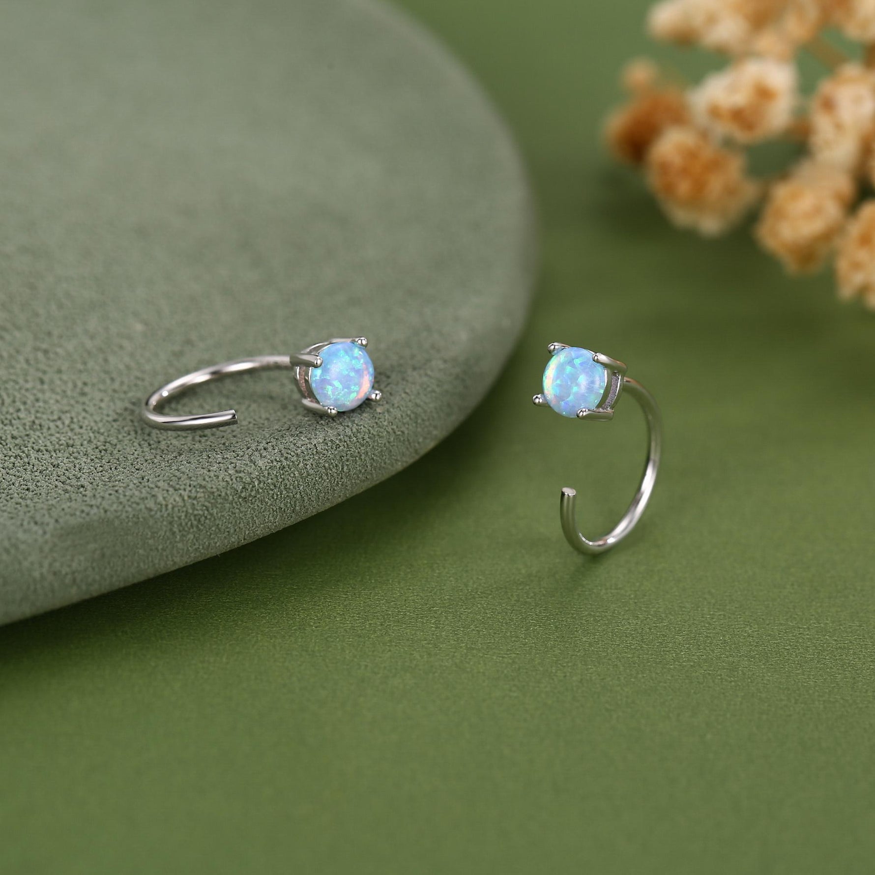 Blue Opal 4mm Open Huggie Hoop Earrings in Sterling Silver, Pull Through C Hoops