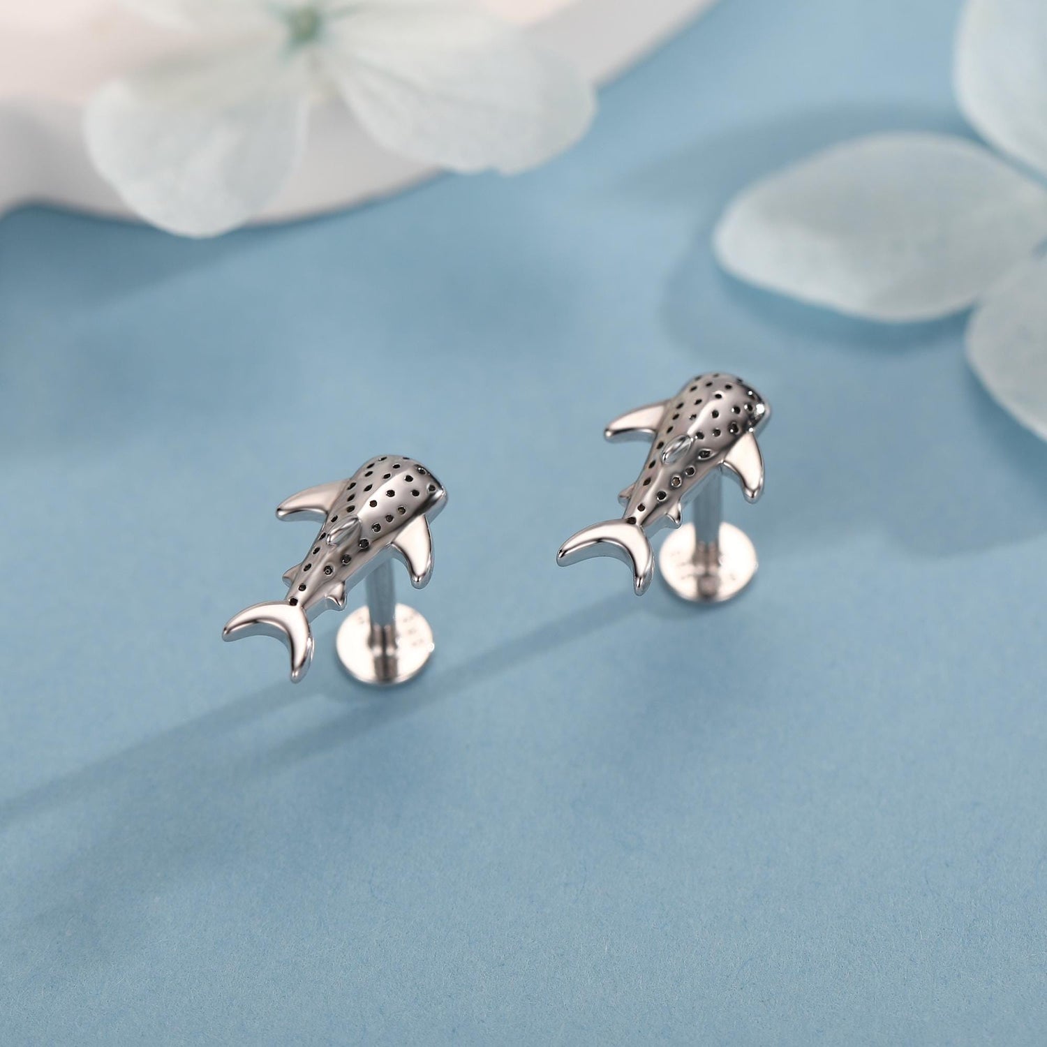 Sterling Silver Whale Shark 16G Flat Back Labret Earrings