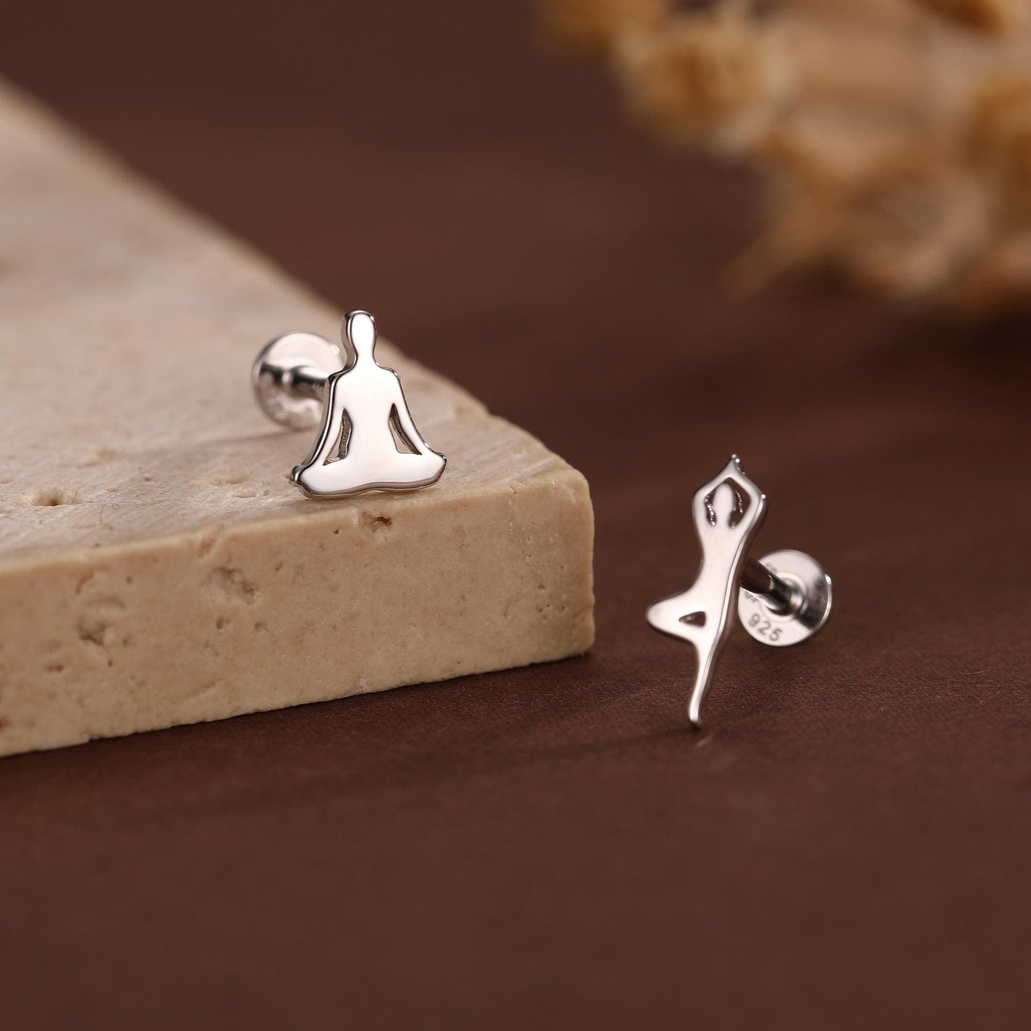 Sterling Silver Yoga Pose 16G Flat Back Labret Earrings