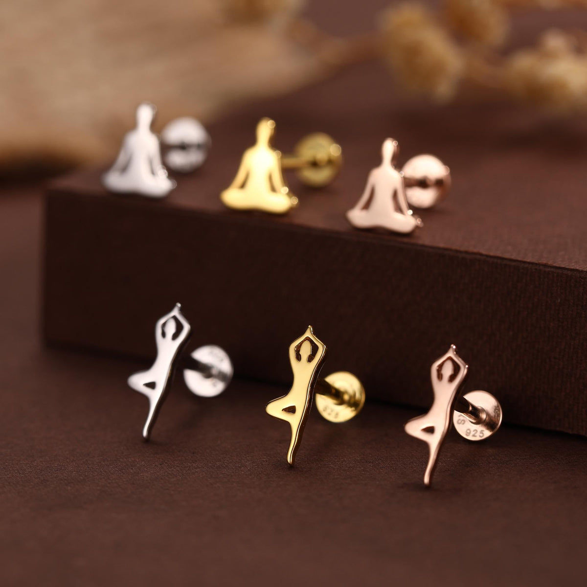 Sterling Silver Yoga Pose 16G Flat Back Labret Earrings