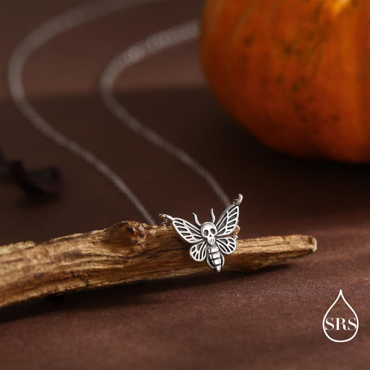 May include: A silver pendant necklace with a moth design incorporating a skull. The moth pendant is suspended from a silver chain, displayed on a piece of wood. A pumpkin is visible in the background.