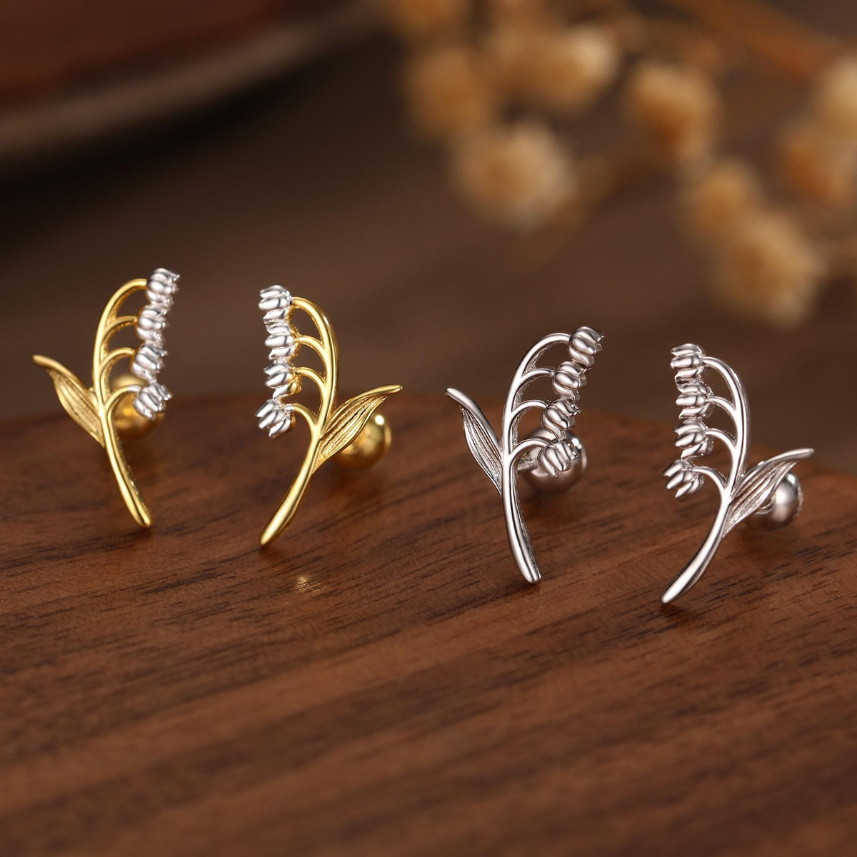 Sterling Silver Lily of the Valley 18G Screw Back Stud Earrings