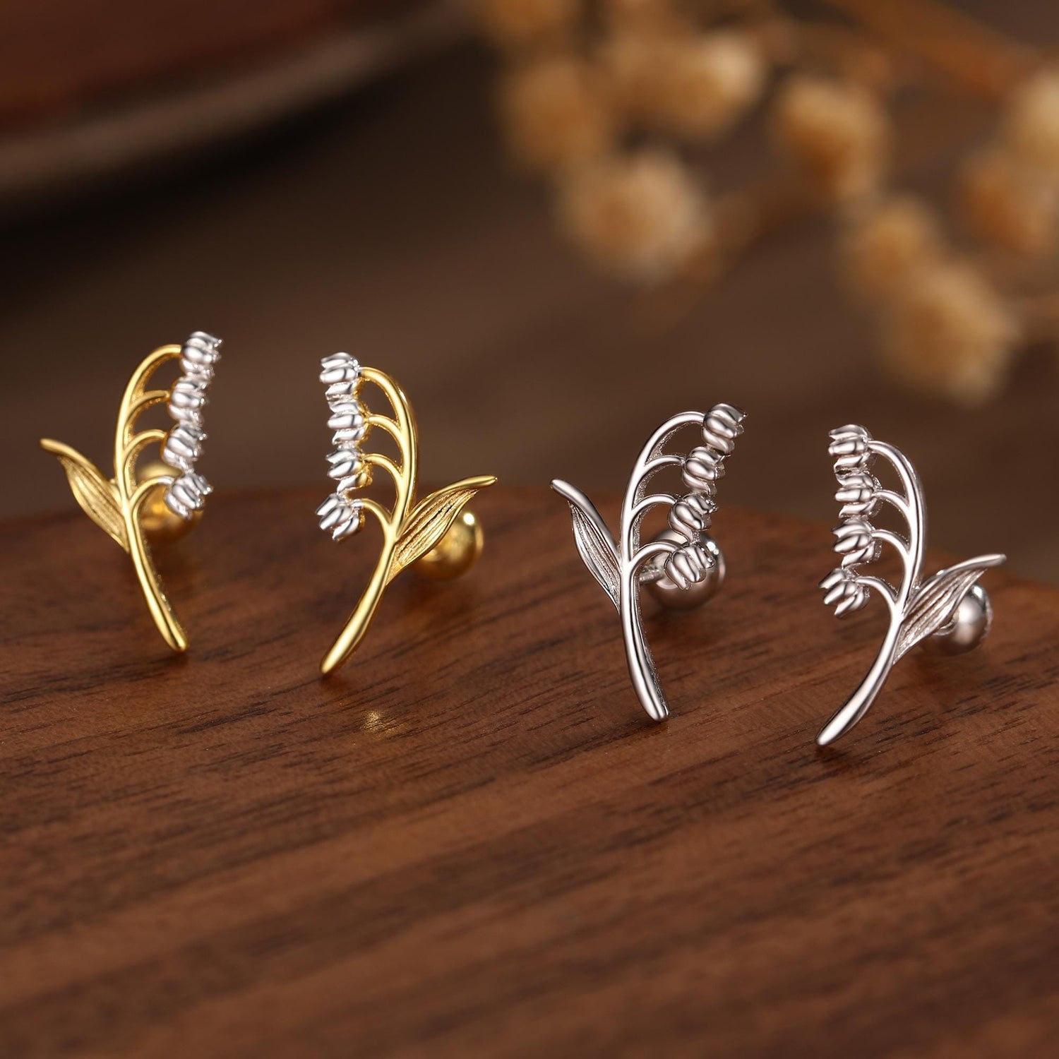 Sterling Silver Lily of the Valley 18G Screw Back Stud Earrings