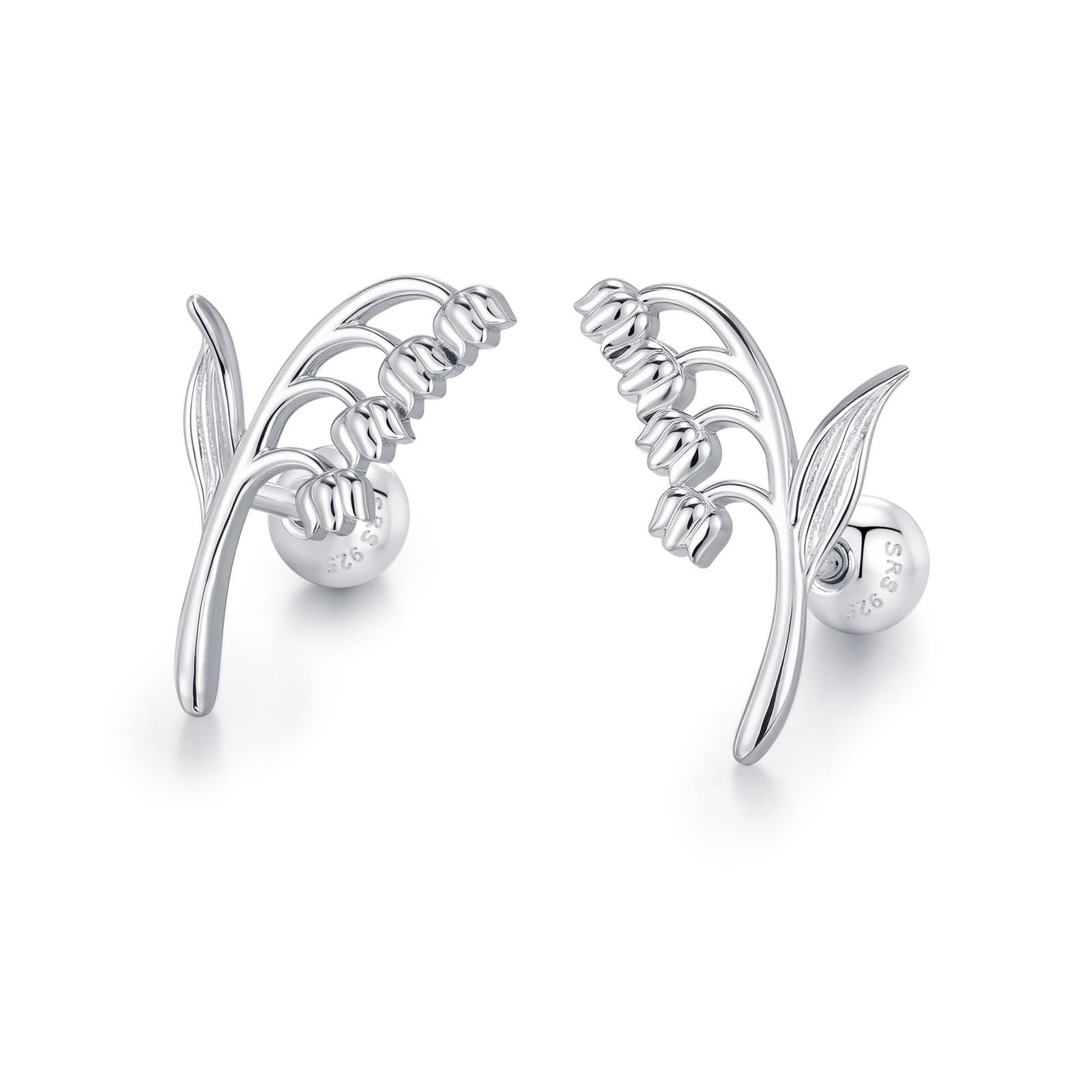 Sterling Silver Lily of the Valley 18G Screw Back Stud Earrings