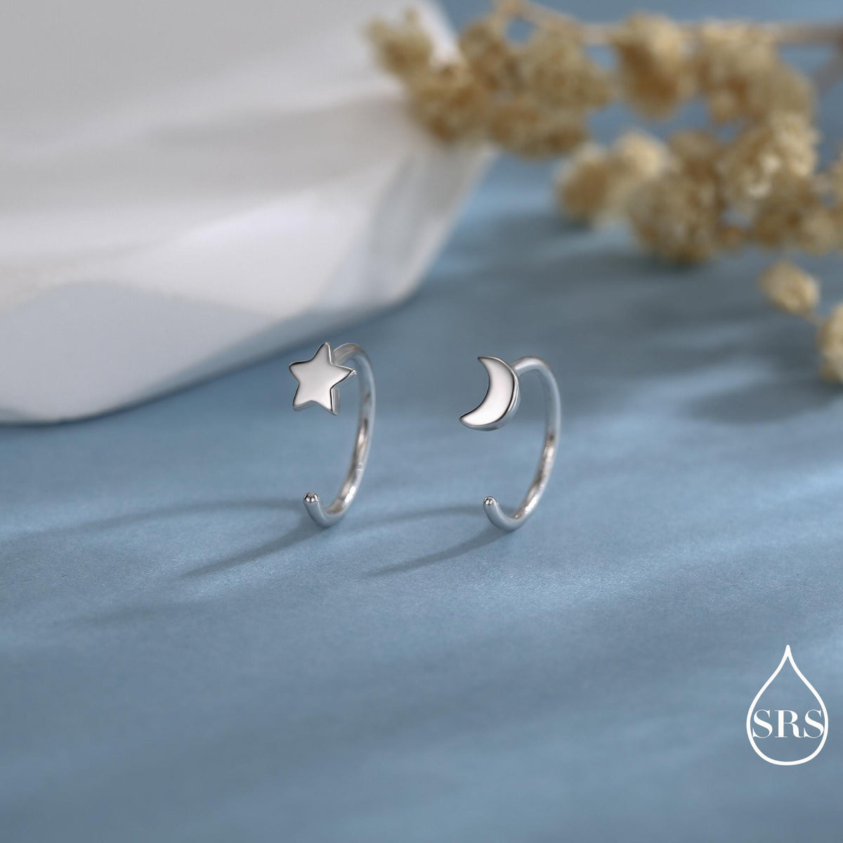 Tiny Mismatched Moon and Star Huggie Hoop Earrings in Sterling Silver, Asymmetric Pull Through Earrings, Half Hoop, Silver or Gold