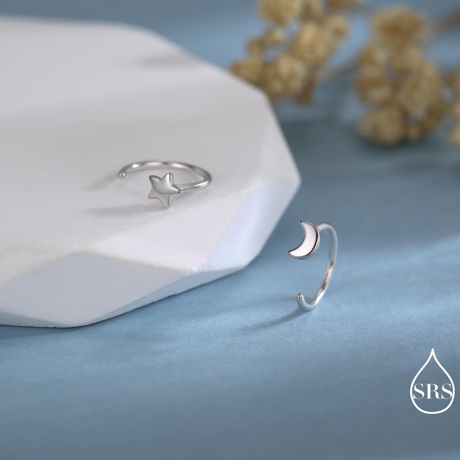 Tiny Mismatched Moon and Star Huggie Hoop Earrings in Sterling Silver, Asymmetric Pull Through Earrings, Half Hoop, Silver or Gold