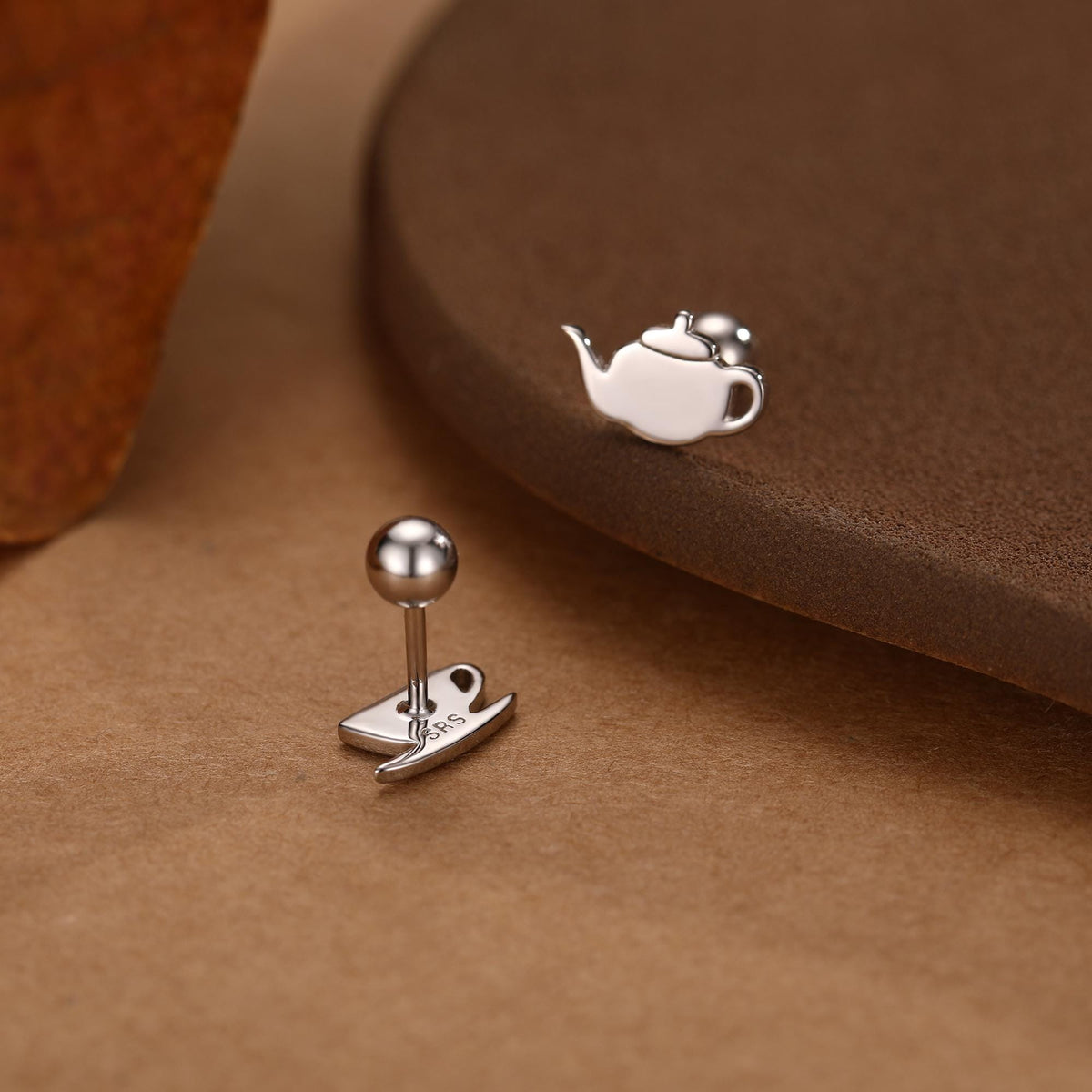 Sterling Silver Teapot and Teacup 18G Mismatched Screw Back Earrings with Balls