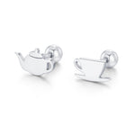 Sterling Silver Teapot and Teacup 18G Mismatched Screw Back Earrings with Balls