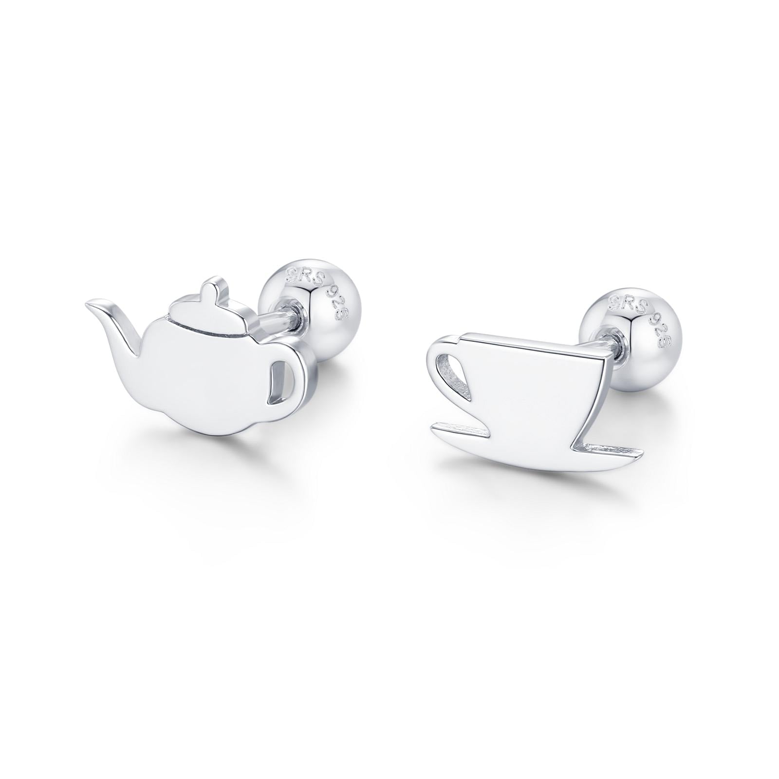 Sterling Silver Teapot and Teacup 18G Mismatched Screw Back Earrings with Balls