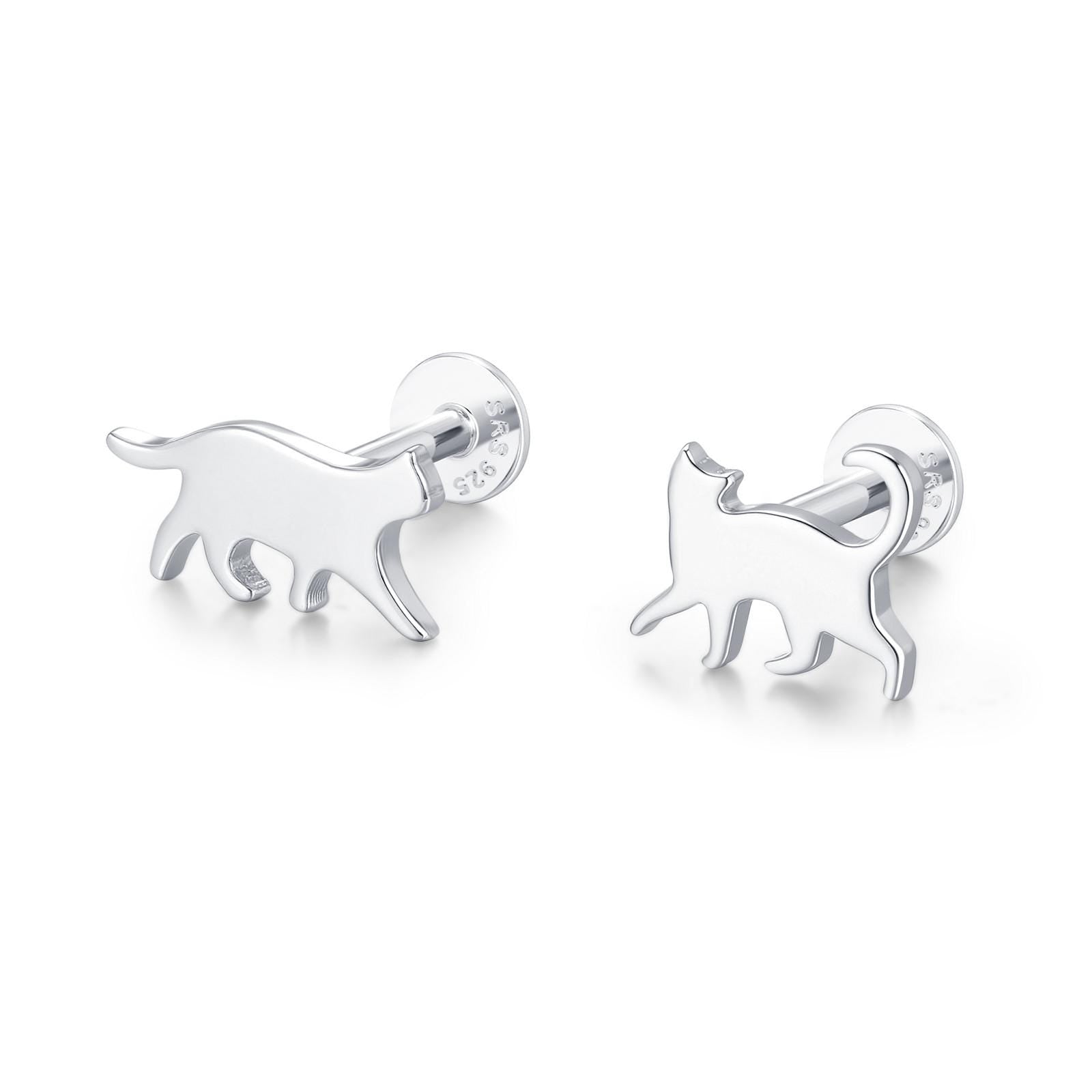 Sterling Silver Asymmetric Cat 16G Flat Back Labret Earrings, Animal