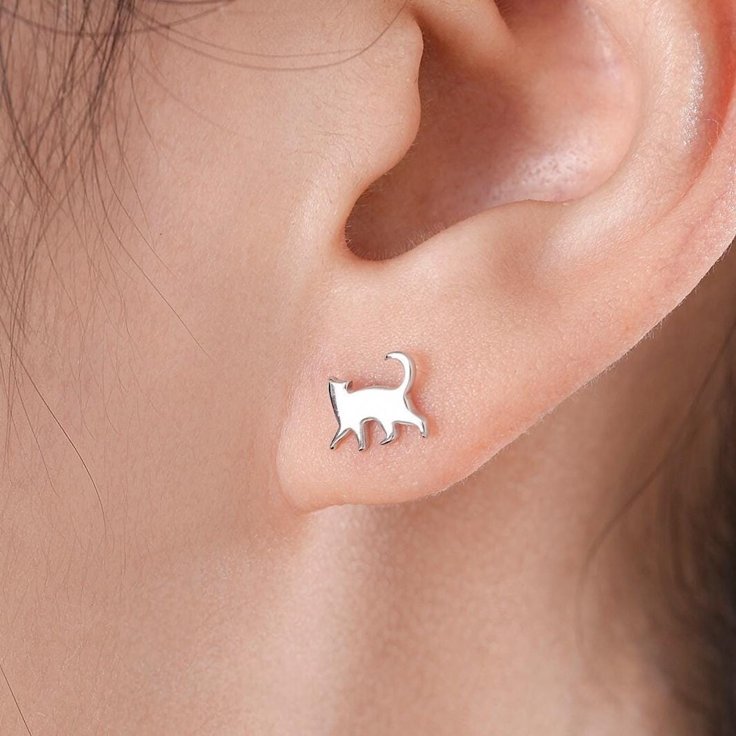 Sterling Silver Asymmetric Cat 16G Flat Back Labret Earrings, Animal