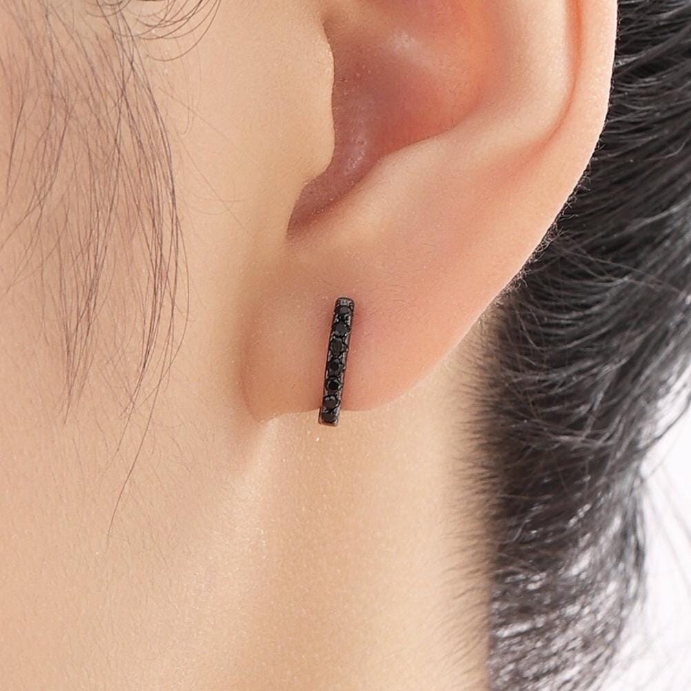Black CZ Starburst Huggie Hoop Earrings in Sterling Silver, Black CZ Hoop Earrings, CZ Hoop Earrings