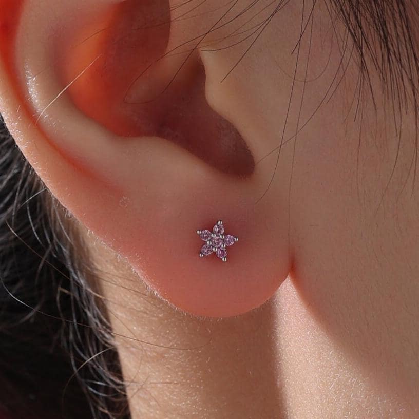 Pink Flower CZ Screw Back Earrings in Sterling Silver, Forget Me Not Floral CZ Earrings, Silver or Gold, Flower CZ Earrings