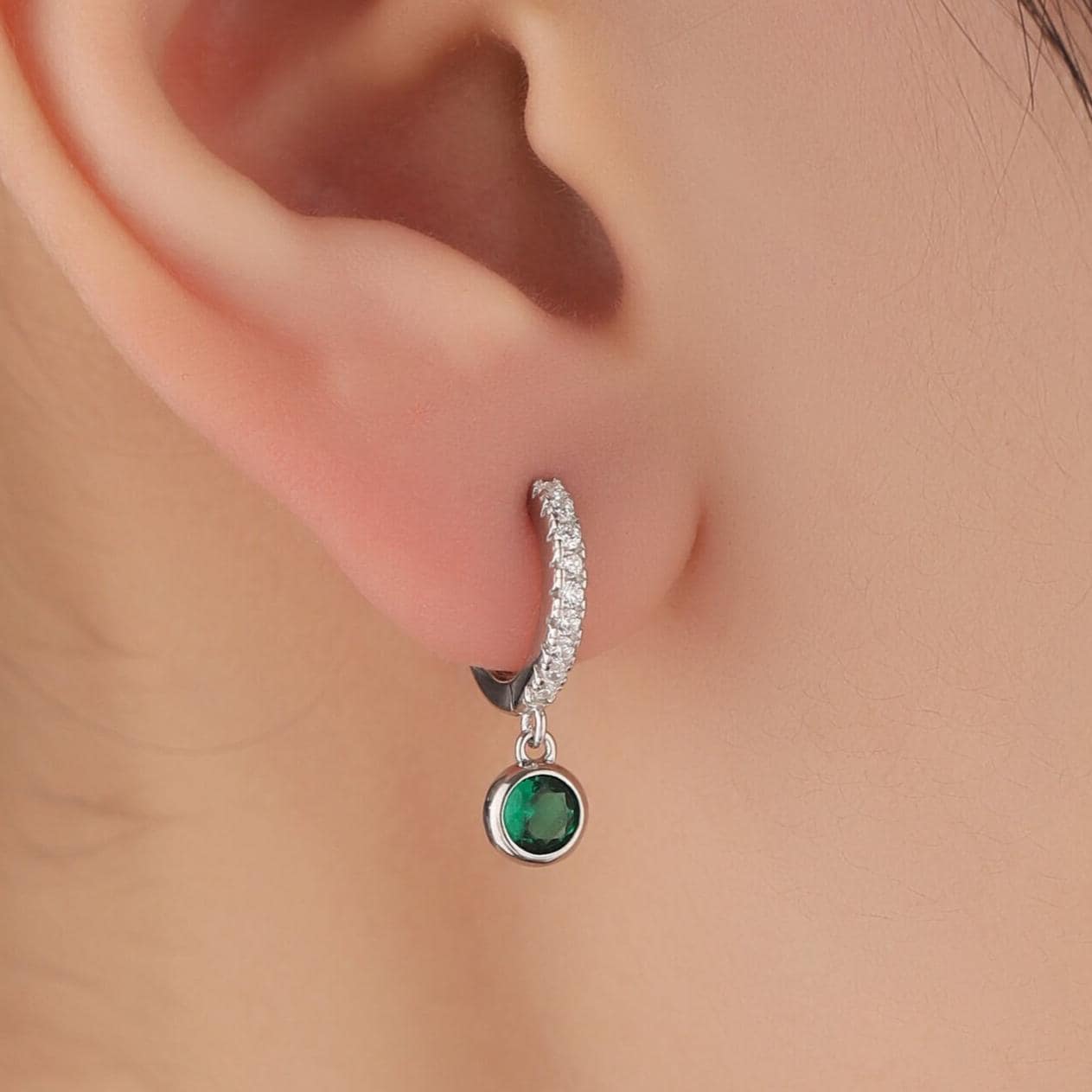 Tiny Emerald Green CZ Dangle Huggie Hoop in Sterling Silver, Silver or Gold, Skinny CZ Dangle Earrings, CZ Hoops