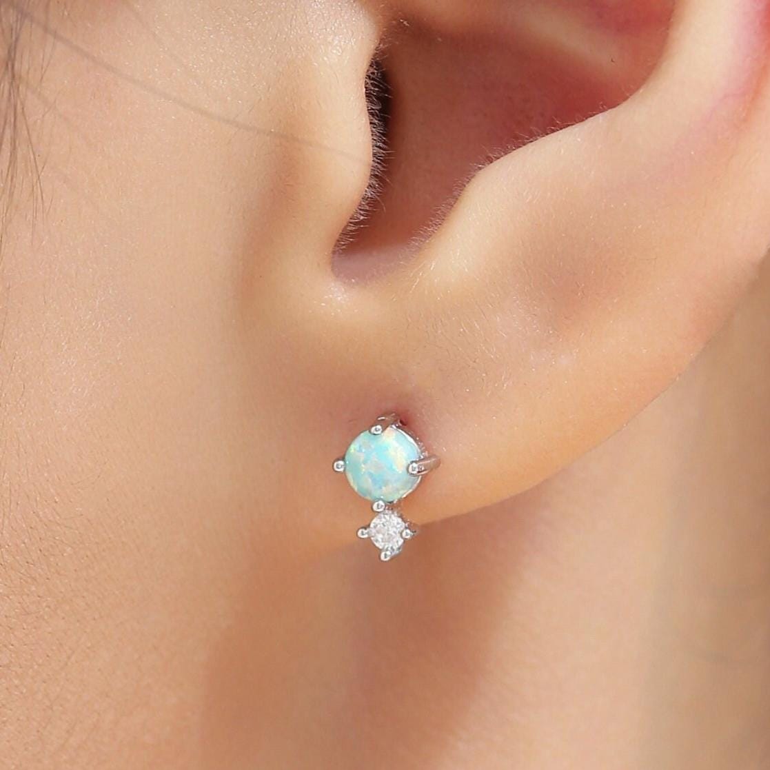 Sterling Silver Tiny White Opal and CZ Stud Earrings, Tiny Opal Earrings, Fire Opal, Lab Opal Stud