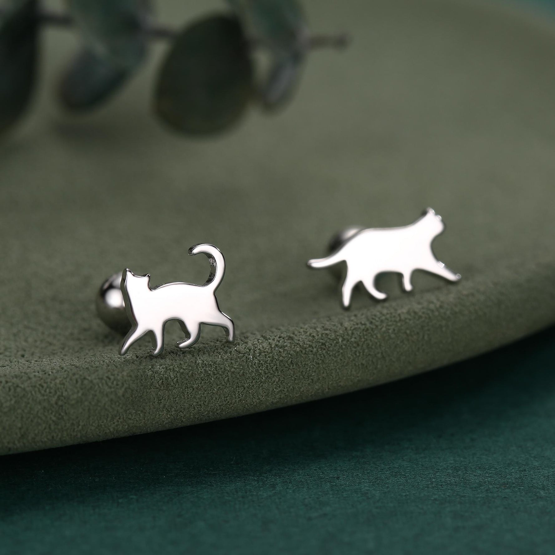 Sterling Silver Asymmetric Cat 18G Screw Back Stud Earrings