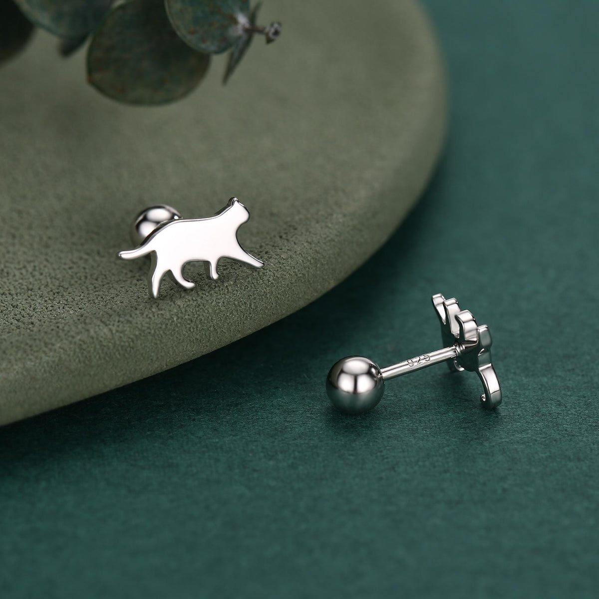 Sterling Silver Asymmetric Cat 18G Screw Back Stud Earrings