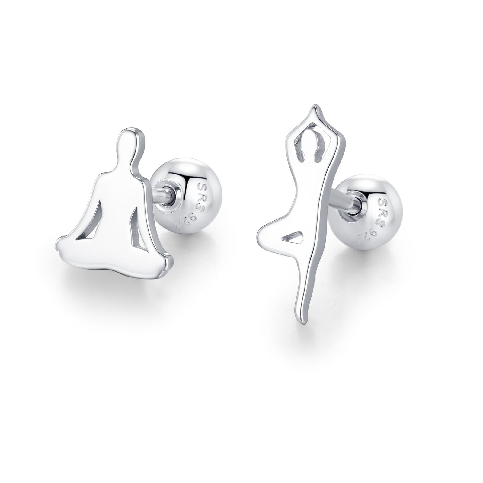 Sterling Silver Asymmetric Yoga Pose 18G Screw Back Stud Earrings
