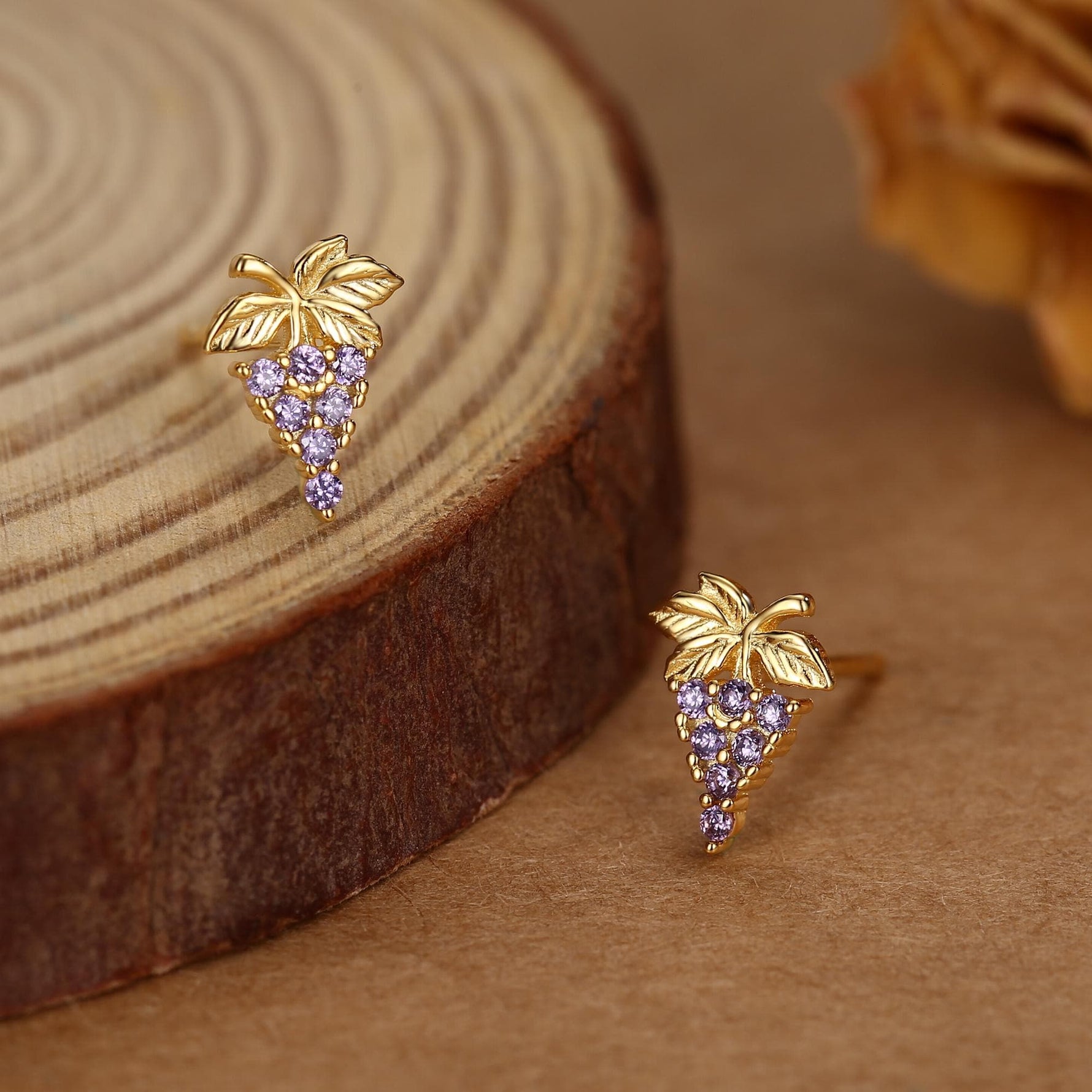 Sterling Silver Grape and Leaf Purple CZ Stud Earrings