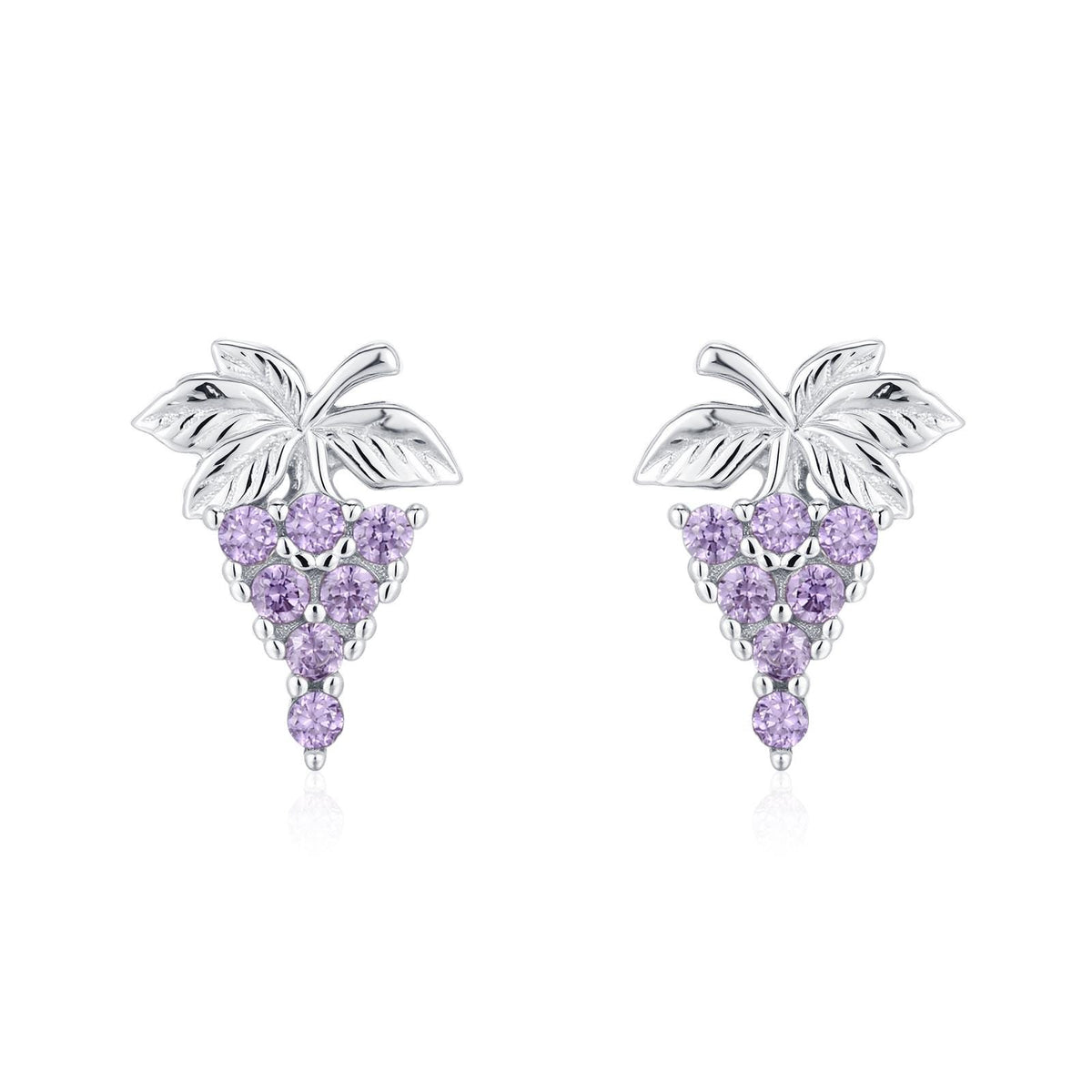 Sterling Silver Grape and Leaf Purple CZ Stud Earrings