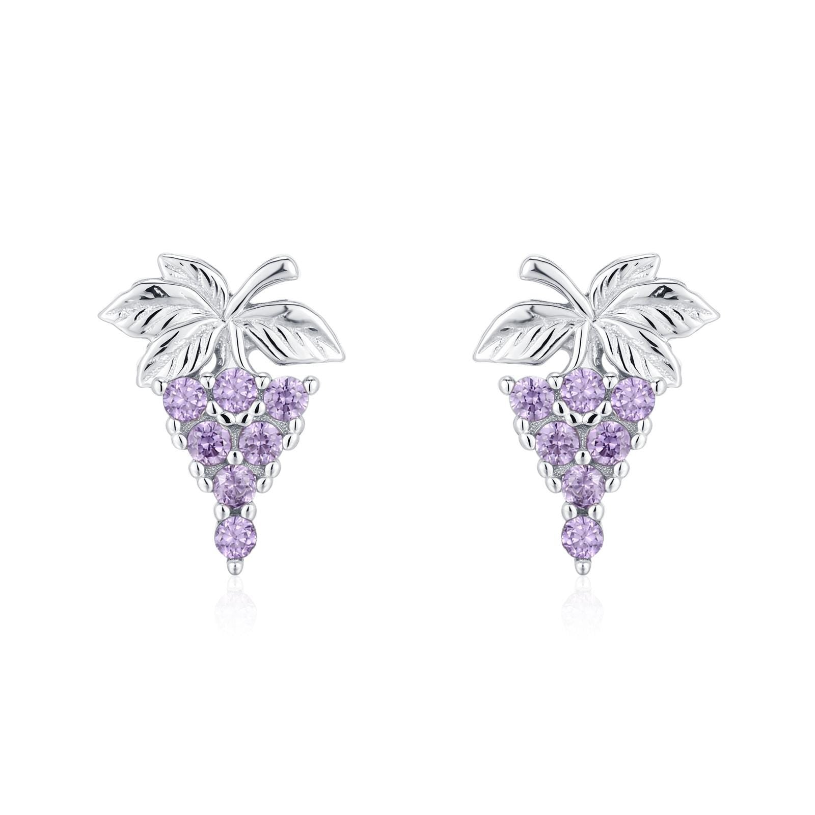Sterling Silver Grape and Leaf Purple CZ Stud Earrings