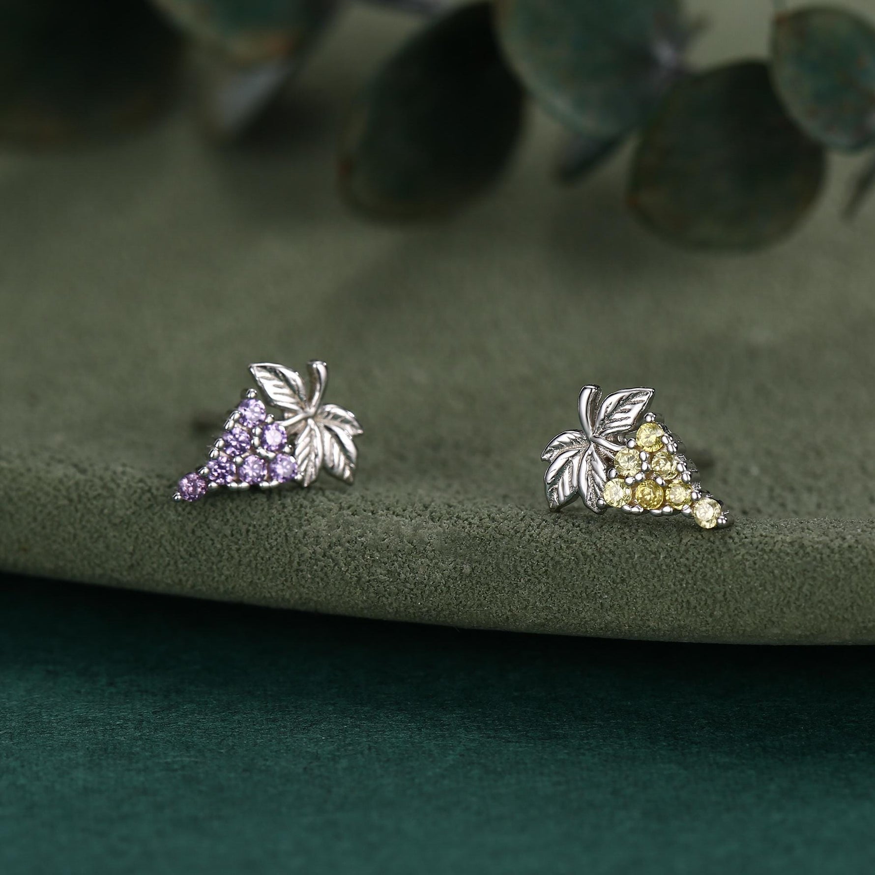 Sterling Silver Asymmetric Grape CZ Stud Earrings