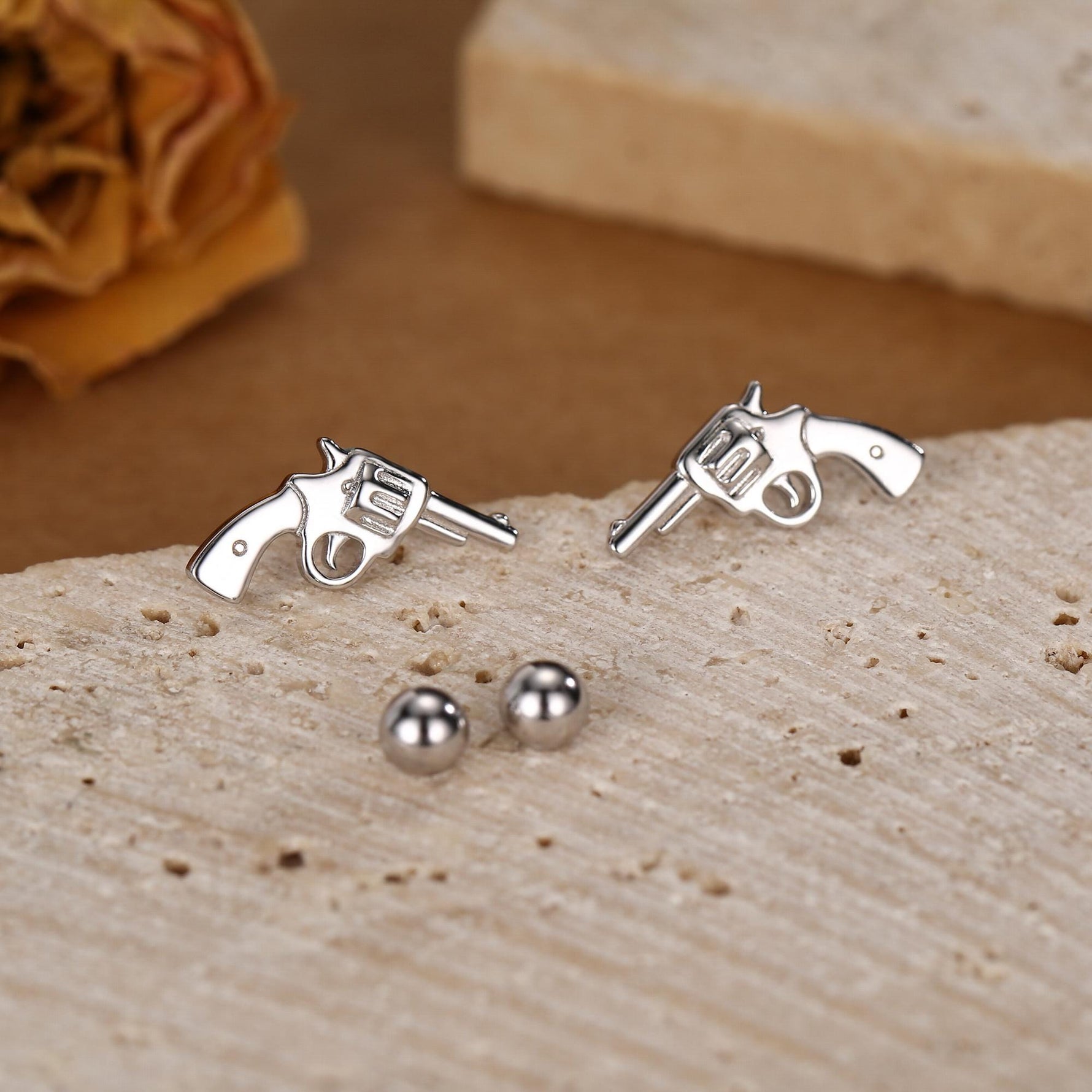 Sterling Silver Revolver Gun 18G Screw Back Stud Earrings