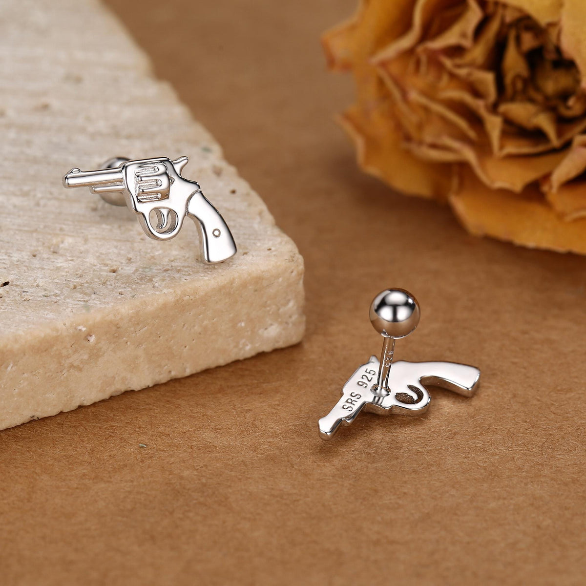 Sterling Silver Revolver Gun 18G Screw Back Stud Earrings