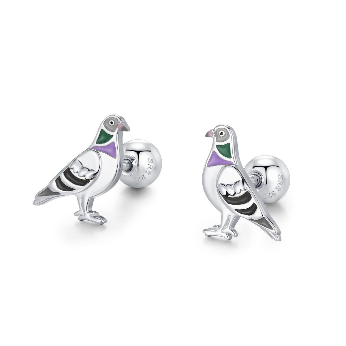 Sterling Silver Pigeon Enamel 18G Screw Back Stud Earrings with Ball Backs,Bird Earrings