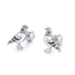 Sterling Silver Pigeon Enamel 18G Screw Back Stud Earrings with Ball Backs,Bird Earrings