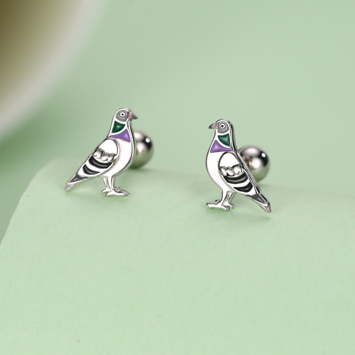 Sterling Silver Pigeon Enamel 18G Screw Back Stud Earrings with Ball Backs,Bird Earrings