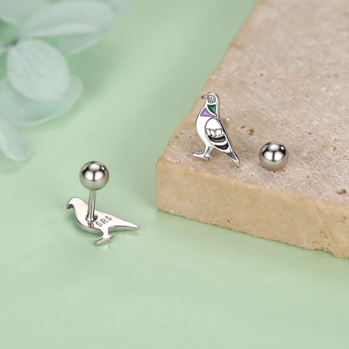 Sterling Silver Pigeon Enamel 18G Screw Back Stud Earrings with Ball Backs,Bird Earrings