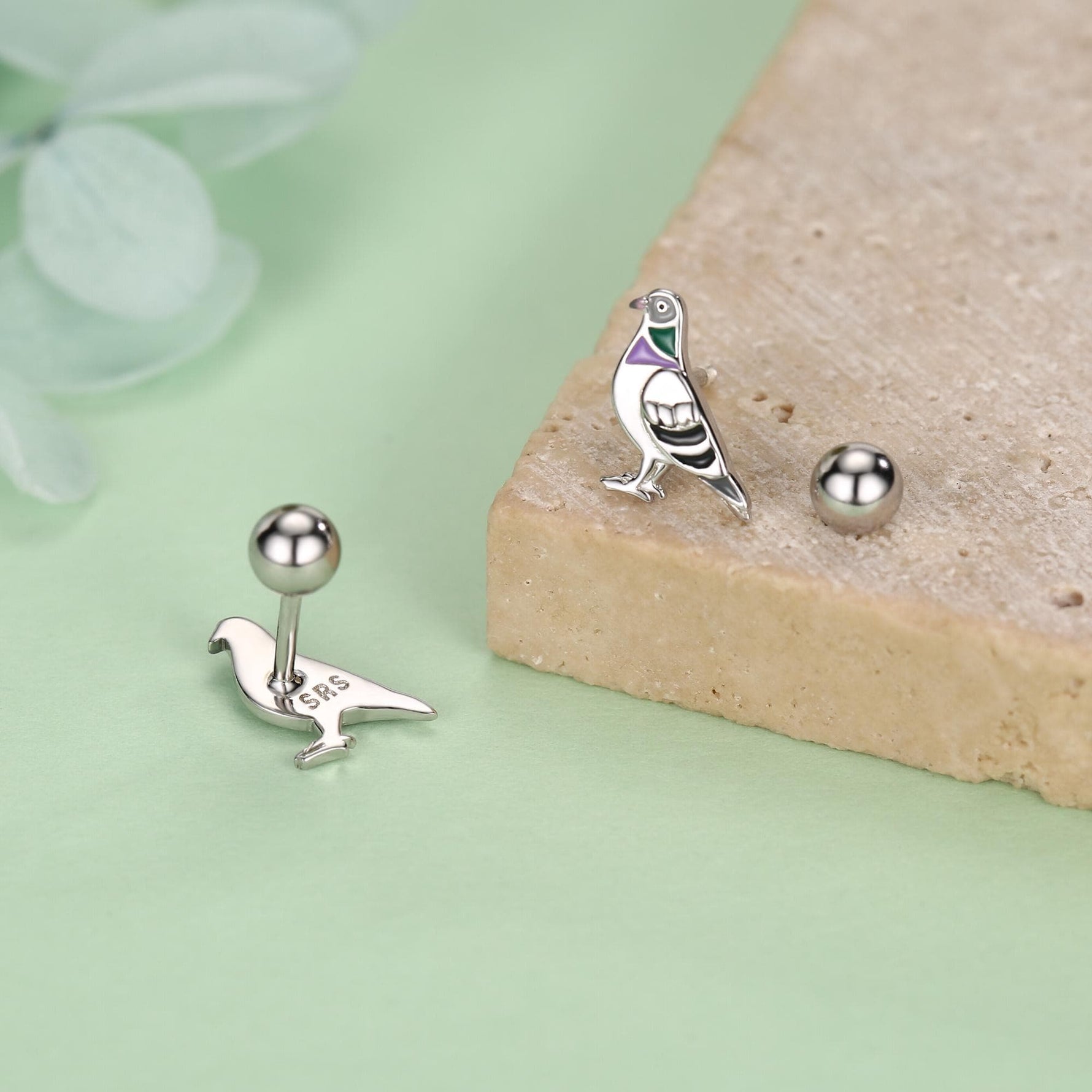 Sterling Silver Pigeon Enamel 18G Screw Back Stud Earrings with Ball Backs,Bird Earrings