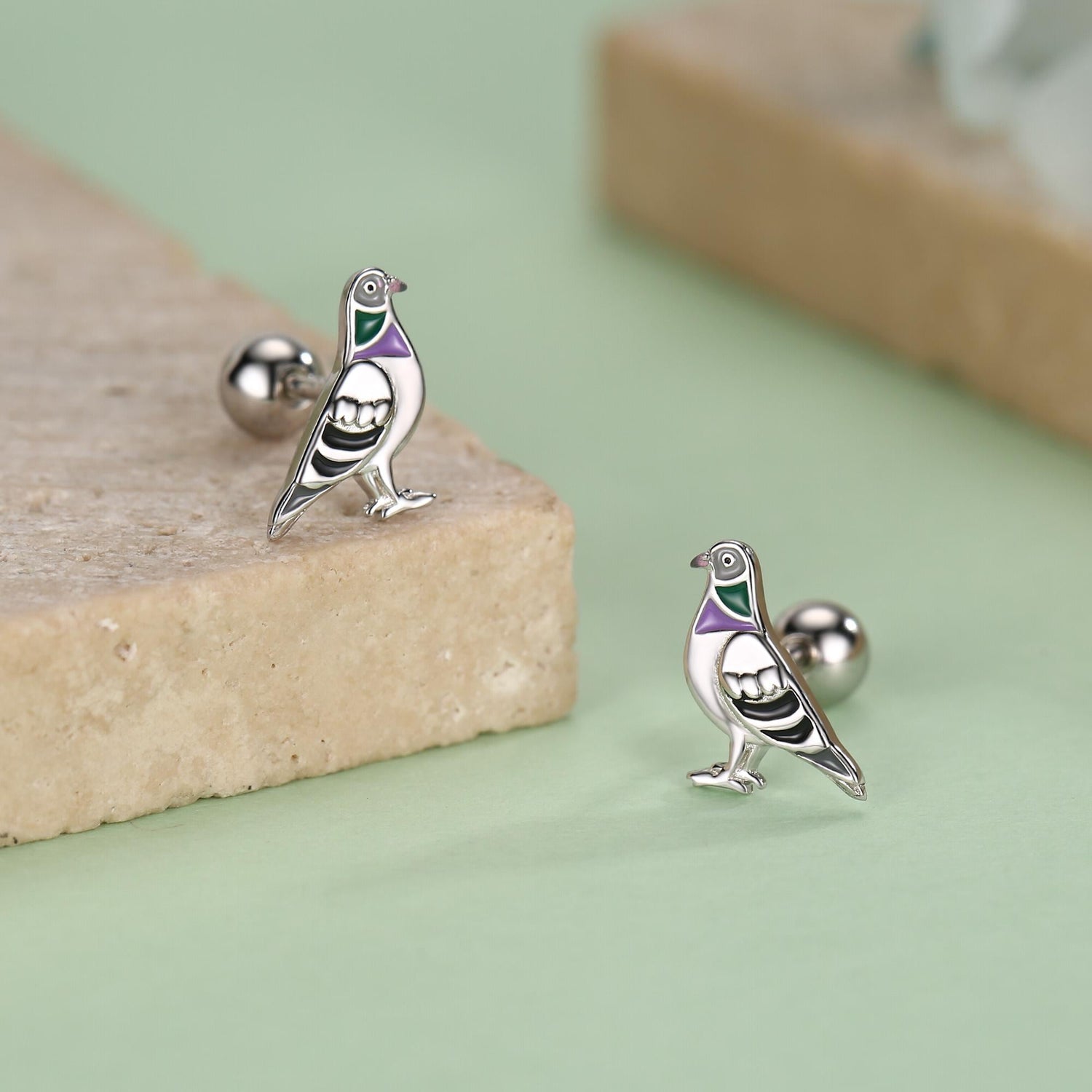 Sterling Silver Pigeon Enamel 18G Screw Back Stud Earrings with Ball Backs,Bird Earrings