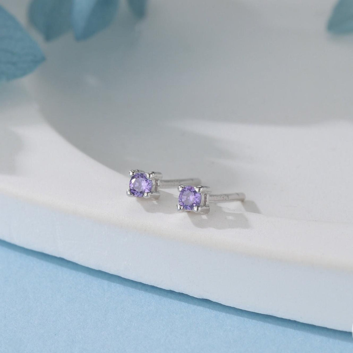 Extra Tiny 2mm Amethyst Purple CZ Stud Earrings in Sterling Silver, Silver or Gold, Barely Visible Stud Earrings, 2mm Purple Earrings