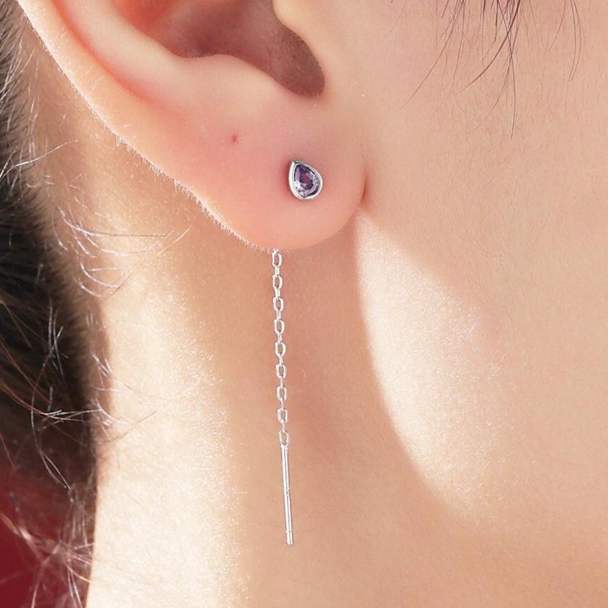 Tiny Amethyst Purple Droplet Bezel CZ Crystal Threader Earrings in Sterling Silver, Silver or Gold, Minimalist Pear Cut Ear Threaders