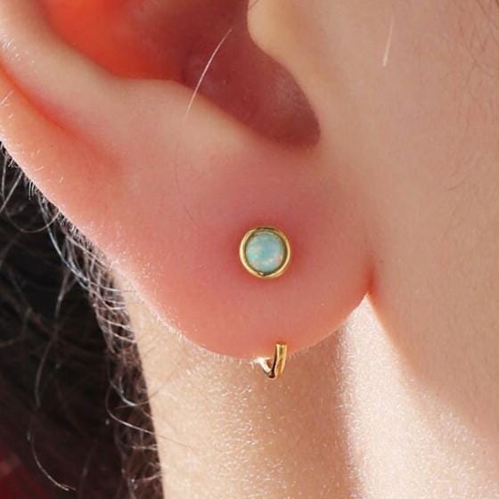 Minimalist Aqua Green Opal Huggie Hoop Threader Earrings in Sterling Silver, Gold or Silver, Pull Through Open Hoop Earrings