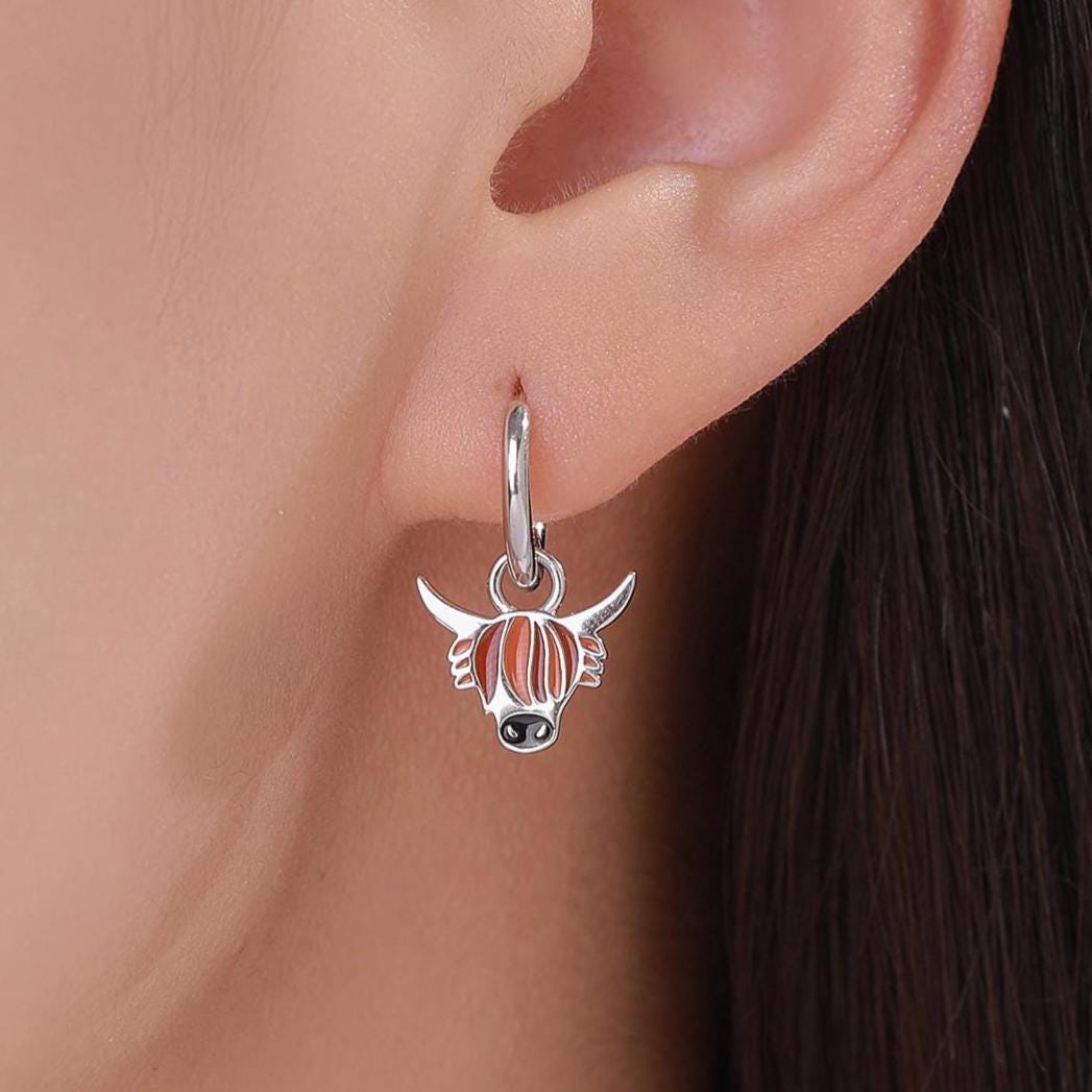 Sterling Silver Enamel Highland Cow Huggie Hoops, Finish Available in Silver or Gold Finish, Highland Cow Earrings, Detachable Hoops